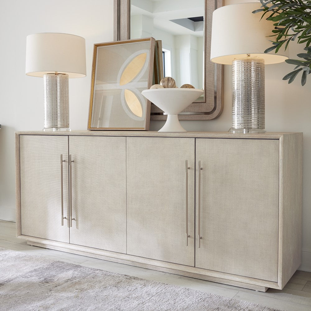 Alabaster White Raffia Wrapped Door Media Console Sideboard Storage Cabinet 80 inch