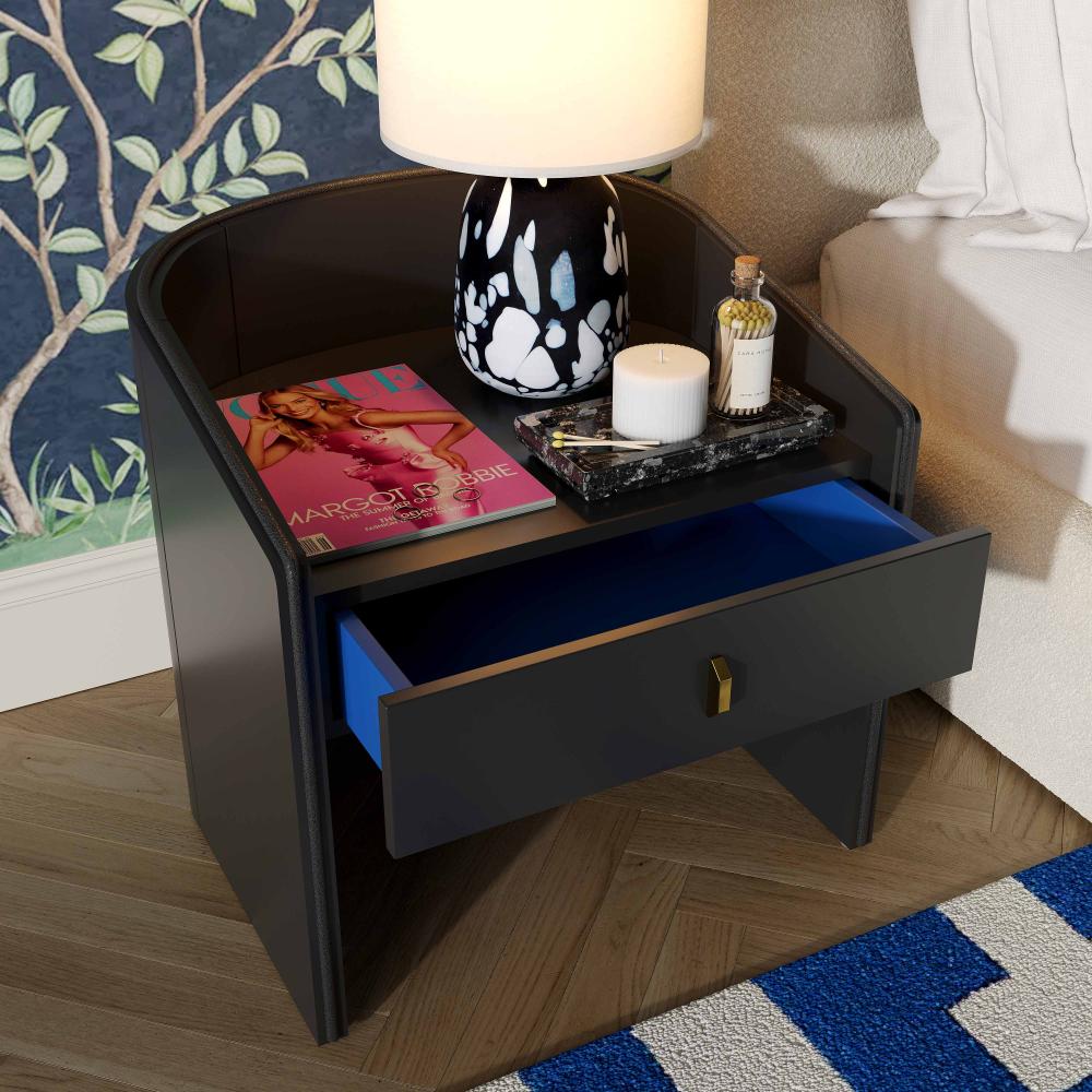 Art Deco Style Curved Black Lacquer 1 Drawer Nightstand 22 inch