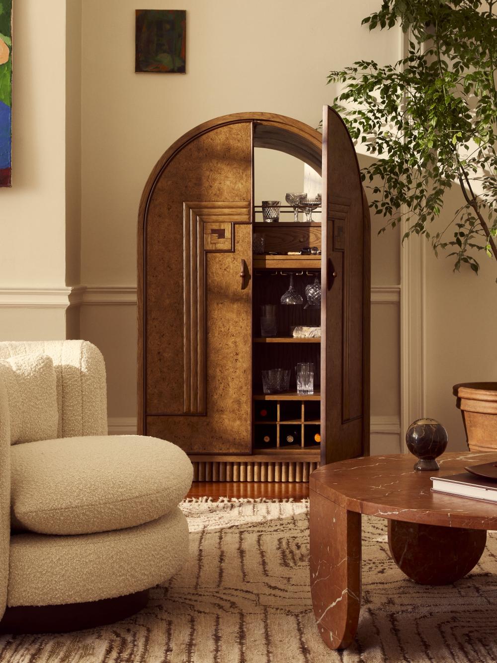 Art Deco Style Oak Burl Wood Arched Top Bar Cabinet with Wine Storage 40 inch