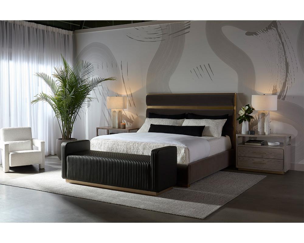 Ash Gray Velvet Fabric Upholstered & Gold Metal King Bed Frame