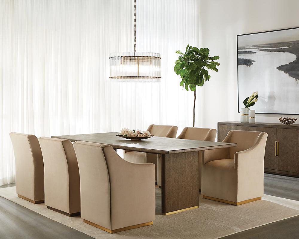 Beige Fabric & Brushed Brass Accents Wheeled Dining Chair Armchair