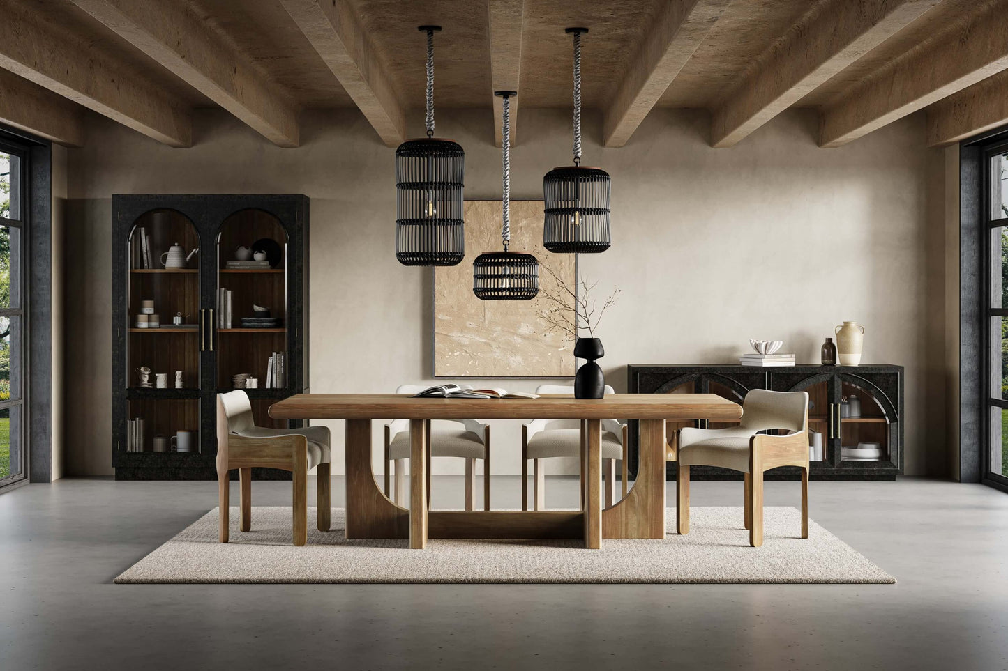 Black Arched Glass 4 Door Sideboard Credeza Cabinet Solid Wood 78 inch