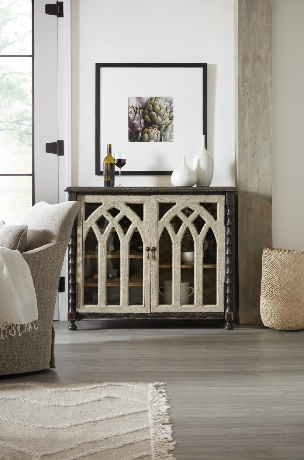 Black & Distressed White Arched Glass 2 Door Bar Cabinet with Wine Storage 44 inch