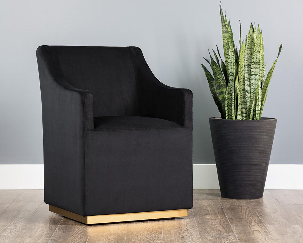 Black Fabric & Brushed Brass Accents Wheeled Dining Chair Armchair