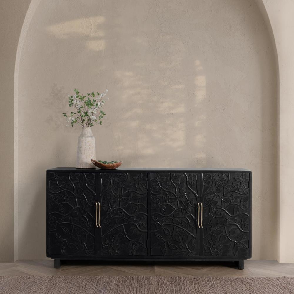 Black Hand Carved Vines Mango Wood Sideboard Buffet Cabinet 78 inch