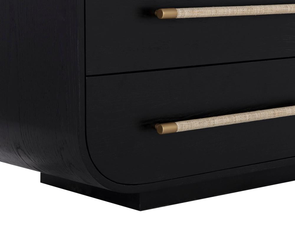 Black Oak Curved 6 Drawer Double Dresser with Raffia Handles 68 inch
