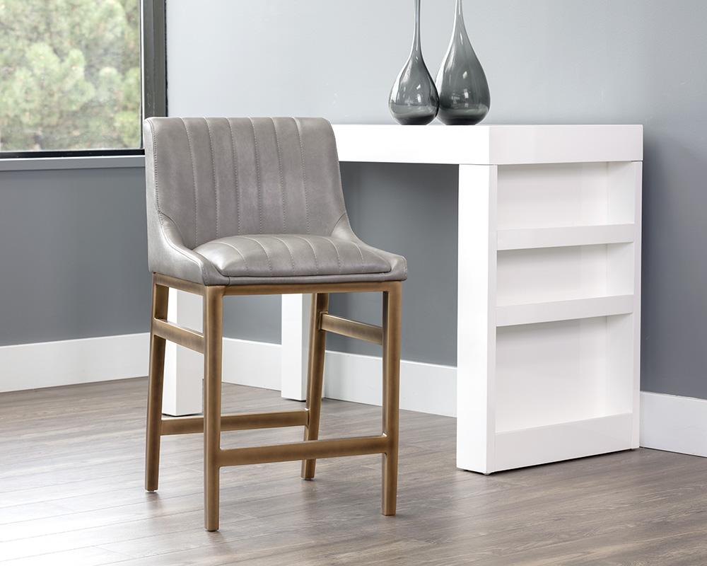 Bronze Metal & Grey Faux Leather Channel Tufted Counter Height Bar Stool