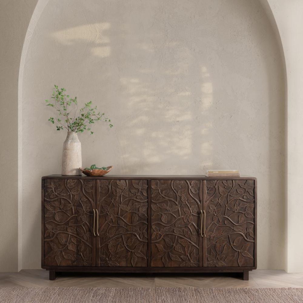 Brown Hand Carved Vines Mango Wood Sideboard Buffet Cabinet 78 inch