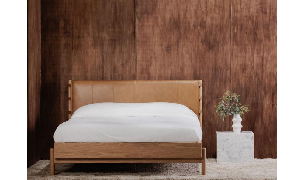 Brown Leather Upholstered & Oak Wood Queen Bed Frame