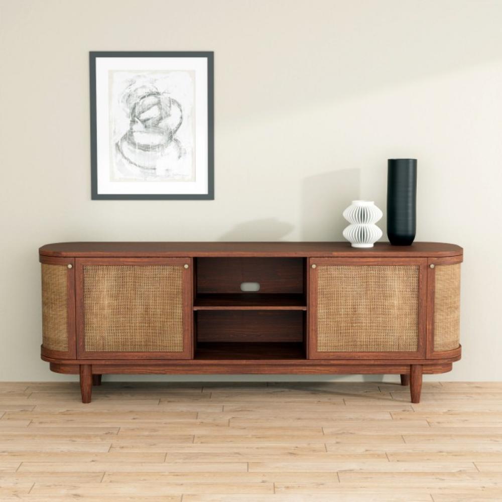 Cane & Brown Acacia Wood Rounded Media Console Storage Cabinet 84 inch