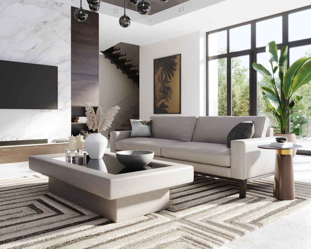 Cantilever Black Glass Oval Top Wood Look Concrete Base & Gold Metal Accent Table 18 inch