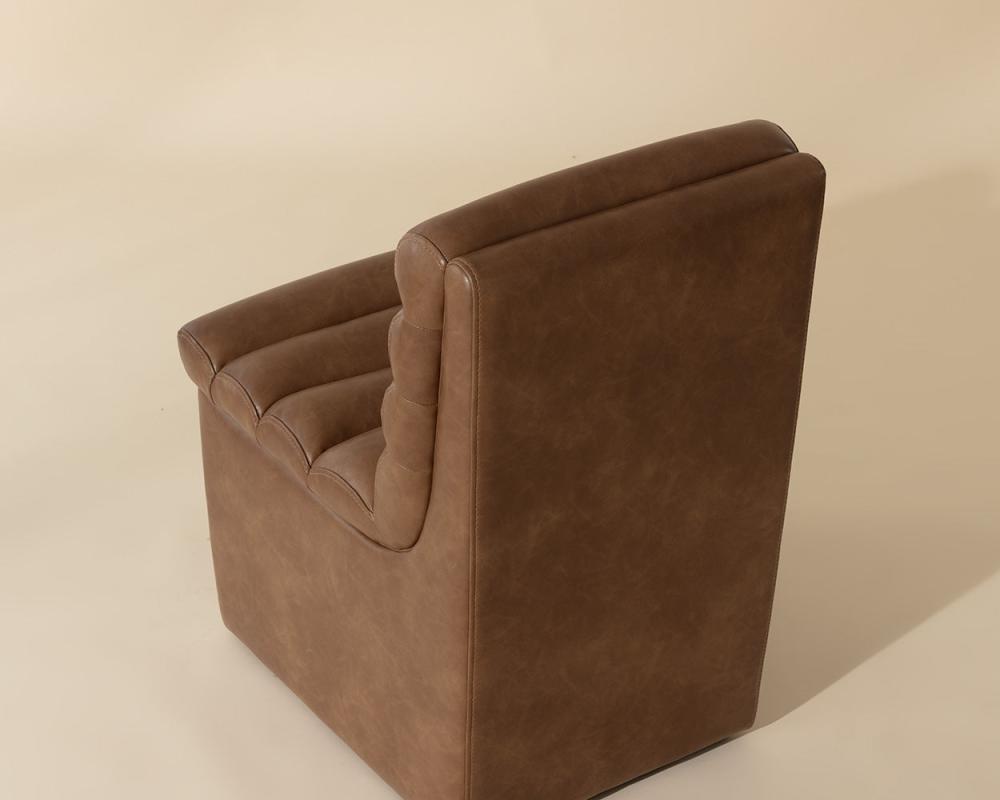 Channel Tufted Bolster Rolled Back Brown Faux Leather Armless Wheeled Dining Chair