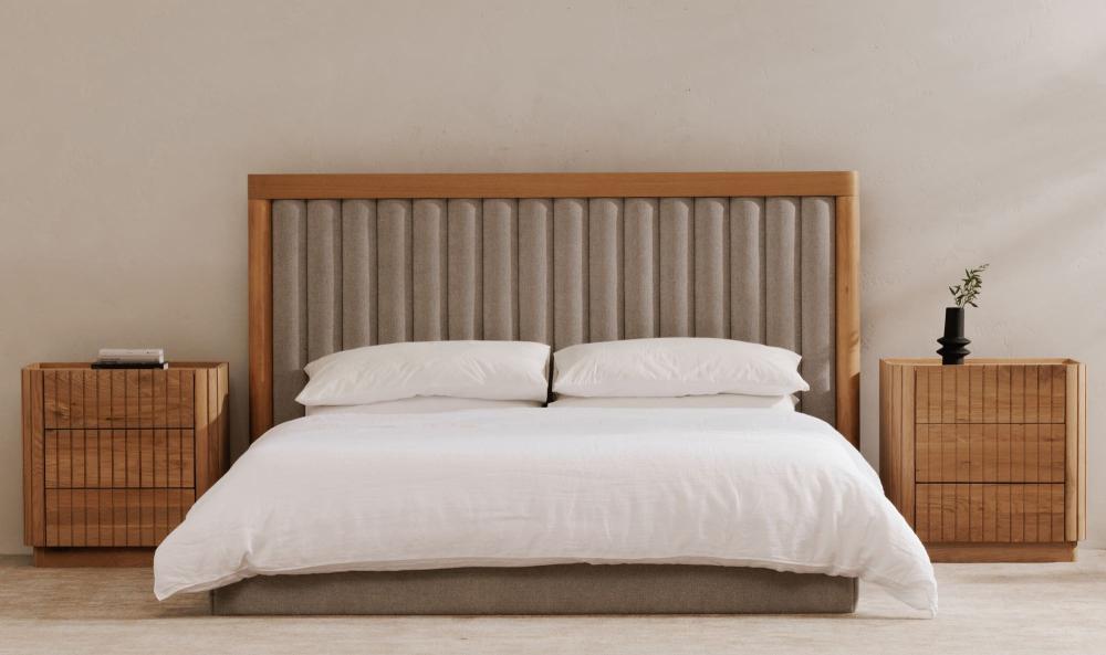 Channel Tufted Grey Fabric Upholstered King Bed Oak Wood Frame