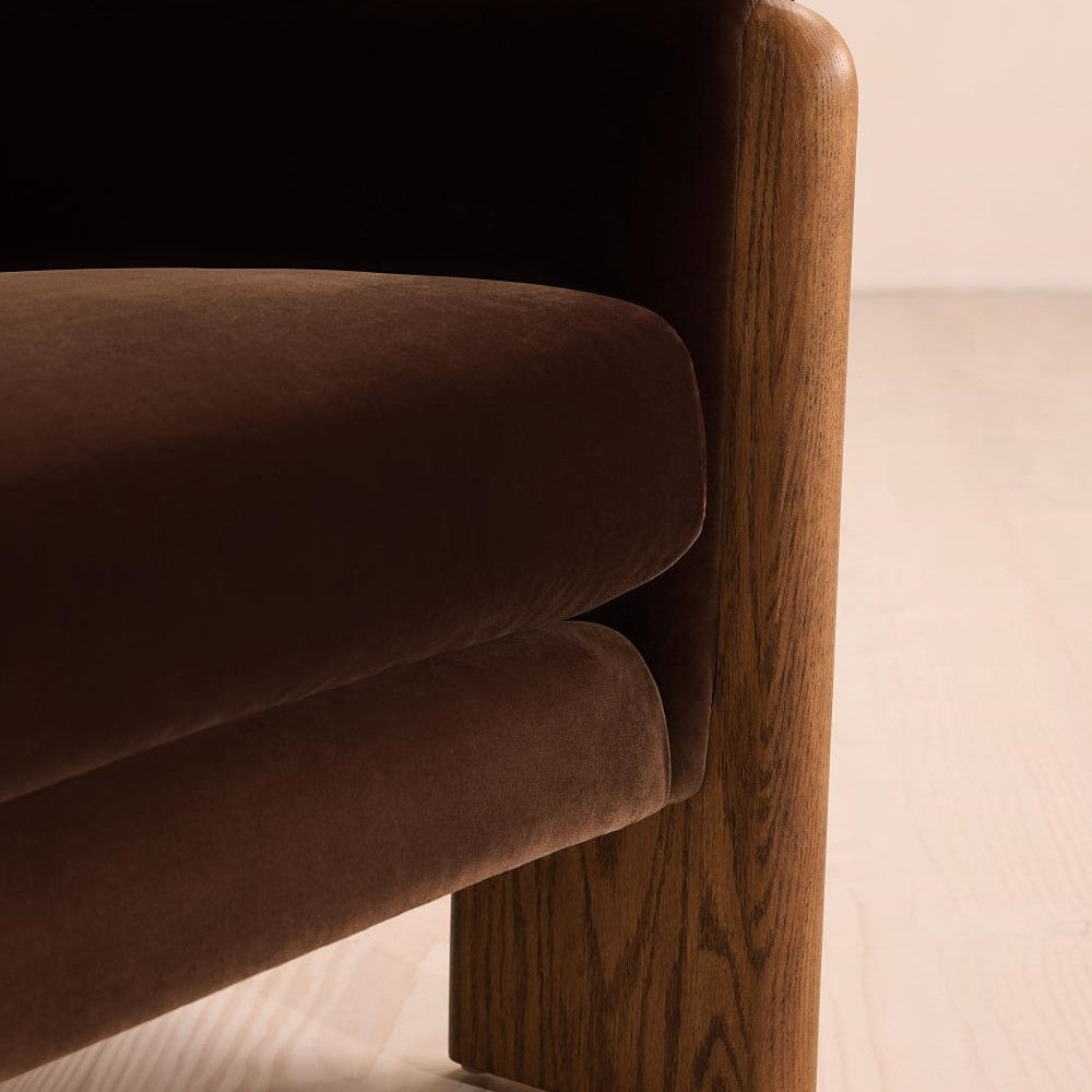 Chocolate Brown Velvet Barrel Back Lounge Chair Oak Wood Tub Armchair