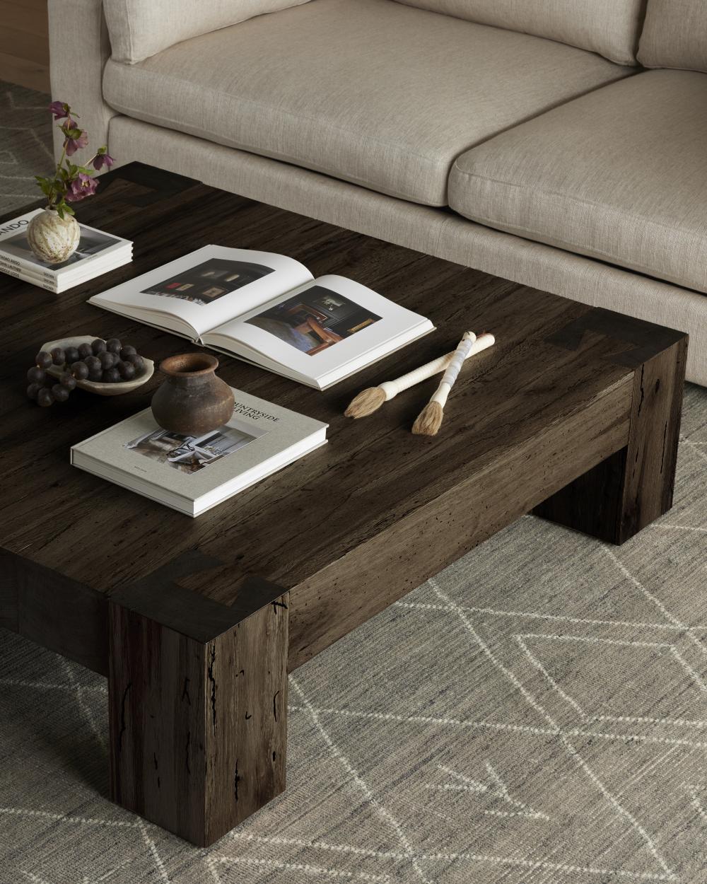 Chunky Modern Rustic Square Coffee Table Oak Wood with Ebony Rustic Wormwood Finish 55 inch