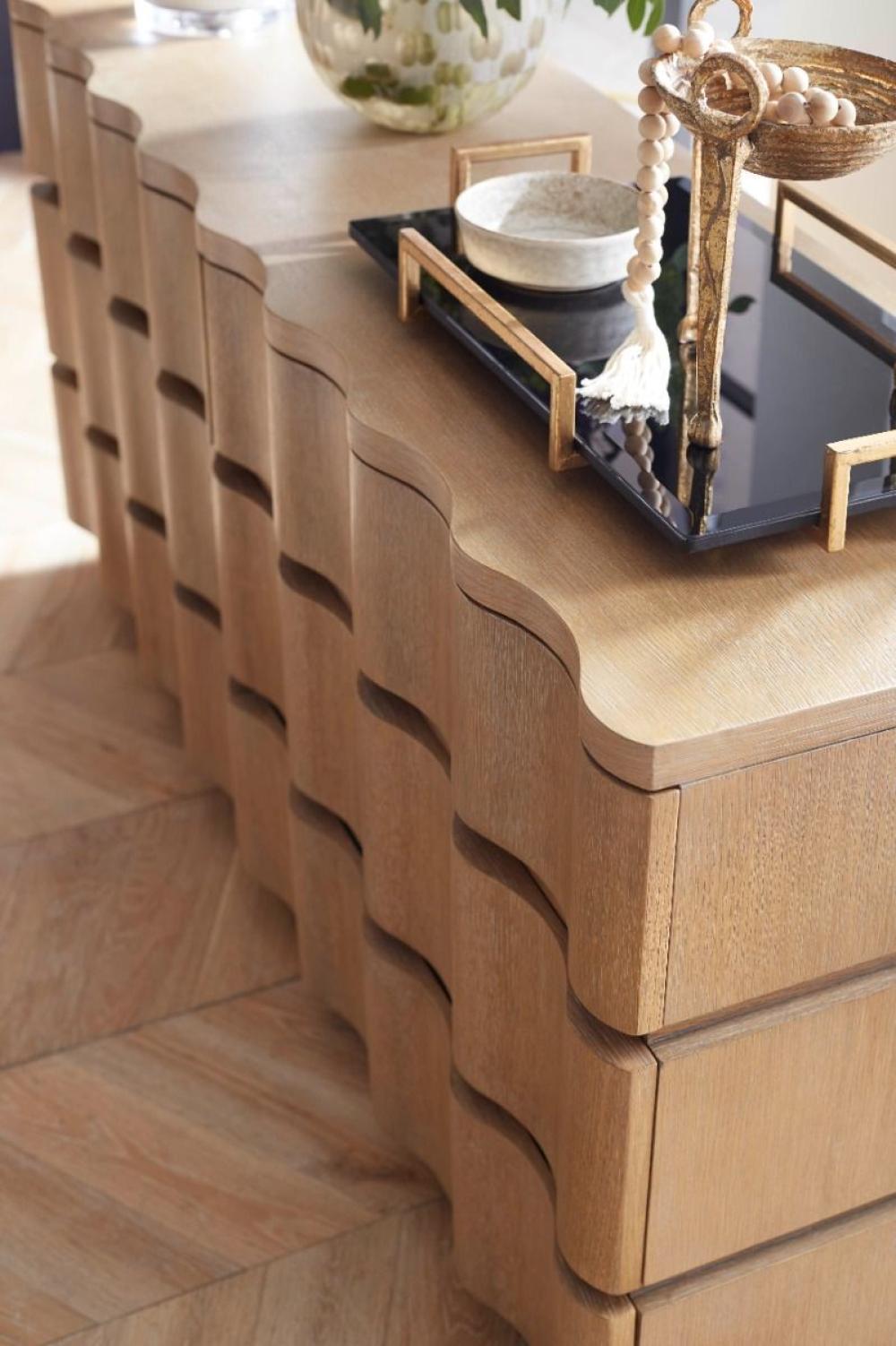 Coastal Beach Wavy 6 Drawer Oak Wood Double Dresser 69 inch