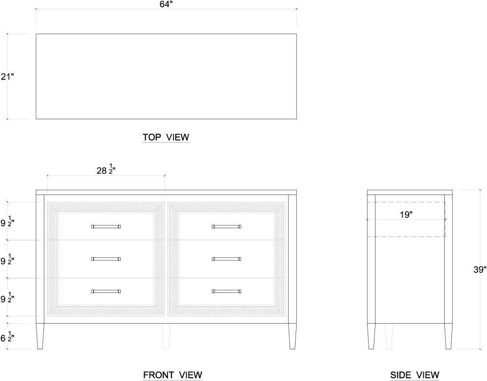 Coastal Beach White Inset Rattan 6 Drawer Solid Wood Double Dresser 64 inch