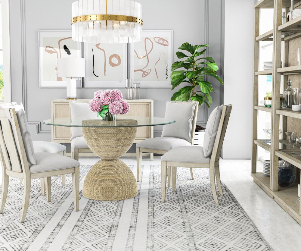 Coastal Beach Wrapped Cord Hourglass Pedestal Round Dining Table Glass Top 54 inch