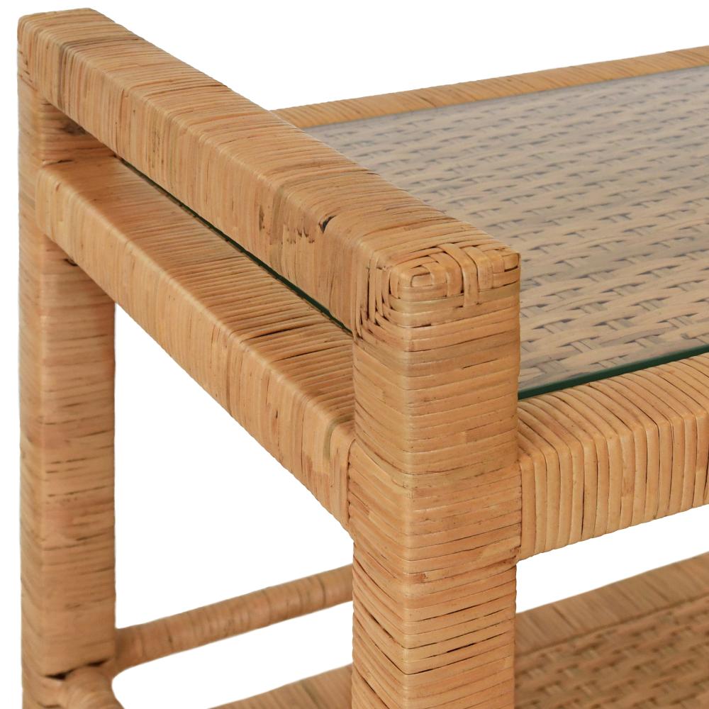 Coastal Natural Rattan Two Tier Rectangle Glass Top Bar Cart Server with Casters