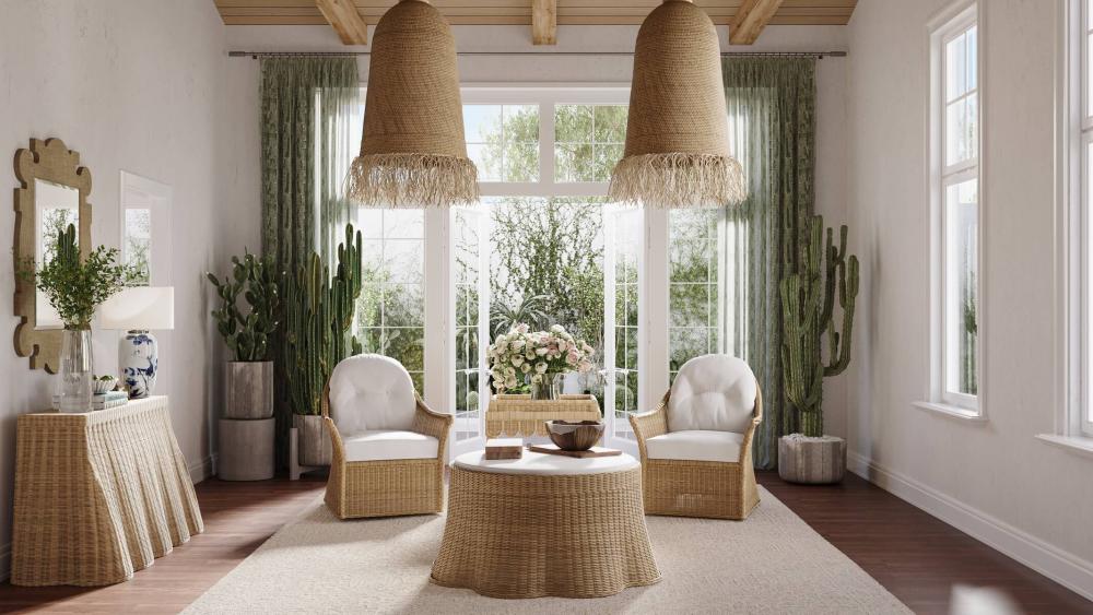 Coastal Scalloped Natural Rattan Tray Top Rectangle Side Table 27 inch