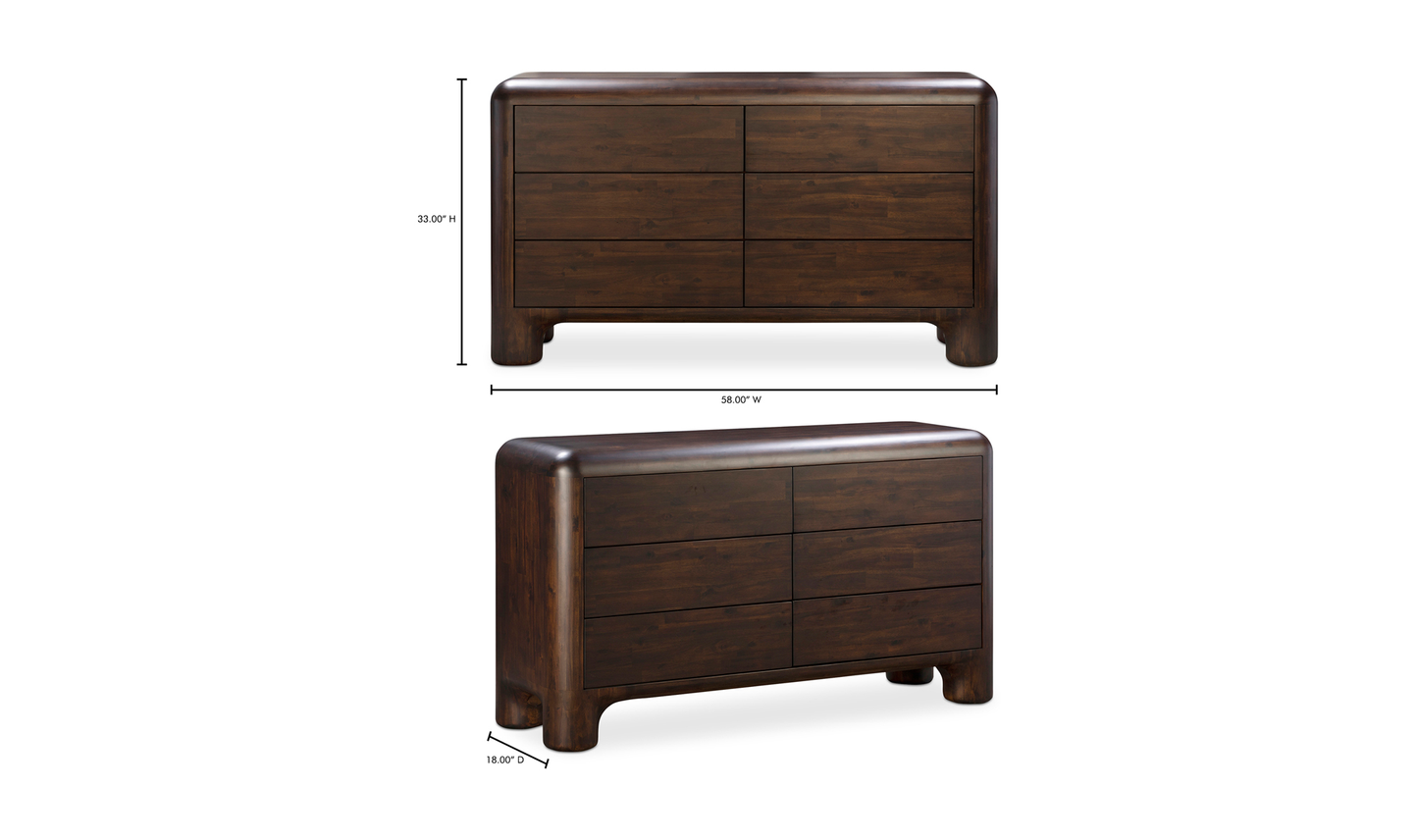Curved 6 Drawer Double Dresser Dark Brown Acacia Wood 58 inch
