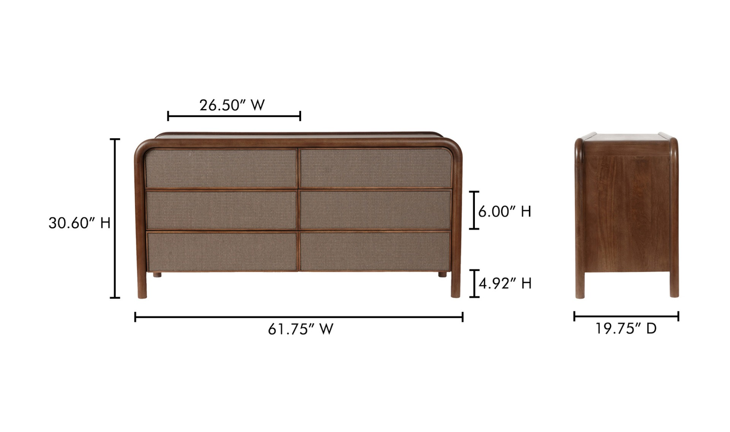 Curved Brown Mango Wood & Tatami Mat Drawer Fronts 6 Drawer Double Dresser 62 inch