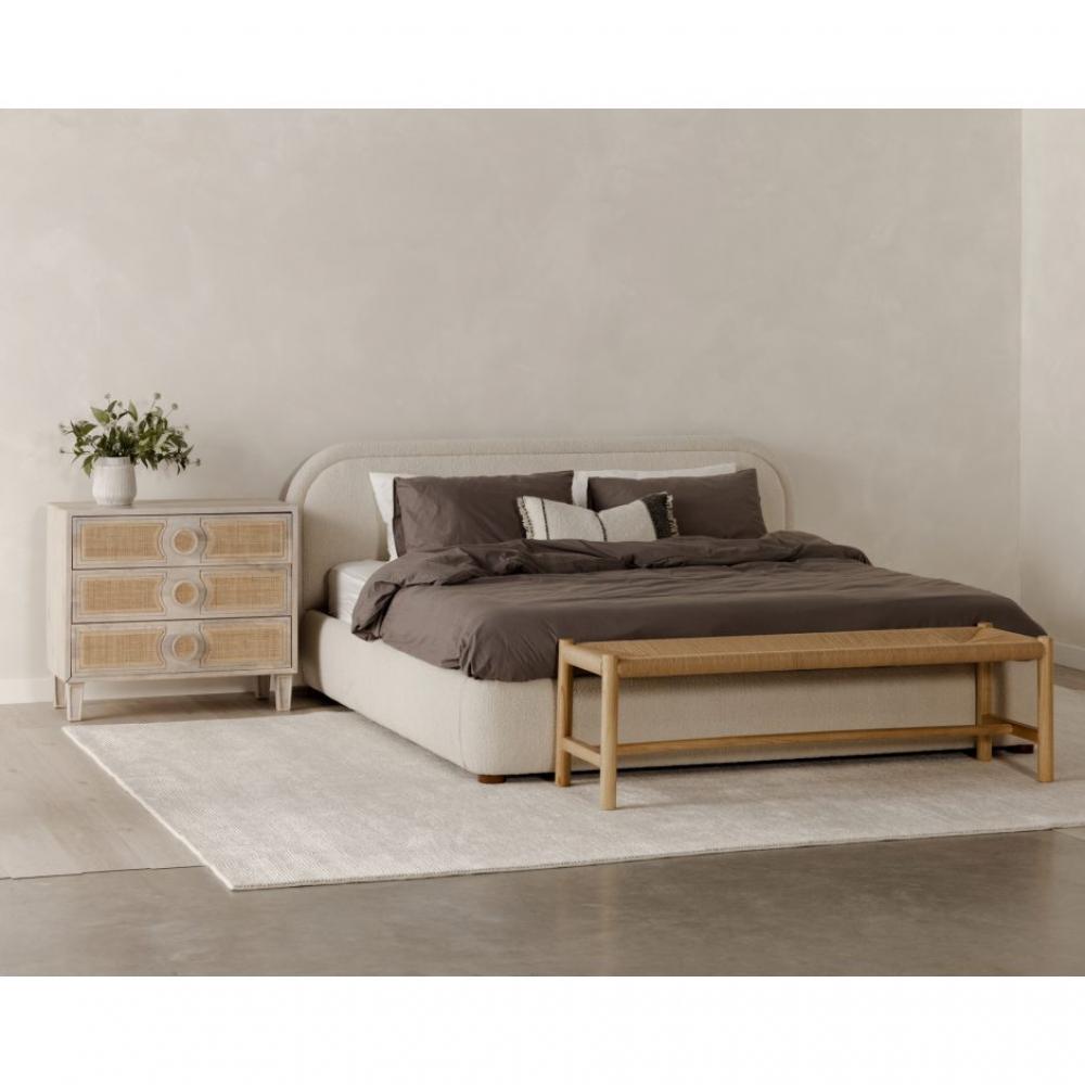 Curved Corners Oatmeal Beige Boucle Fully Upholstered Queen Bed Frame