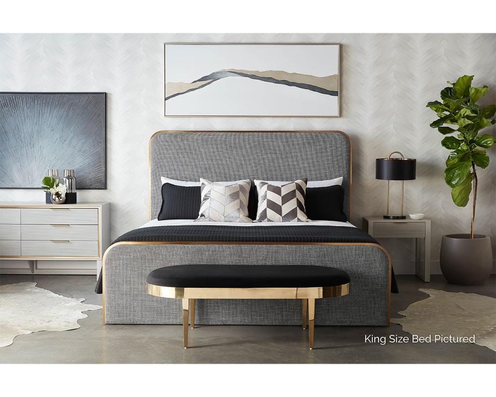 Curved Upholstered Grey Fabric & Brushed Gold Metal Queen Bed Frame