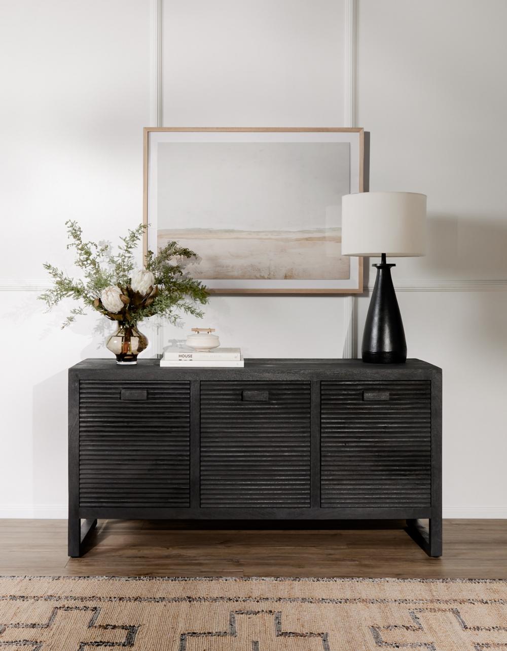 Dark Reeded Solid Mango Wood Media Console 3 Door Sideboard Storage Cabinet 59 inch