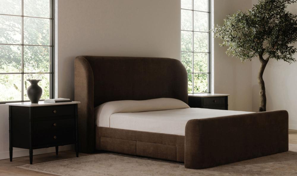 Fully Upholstered Brown Wingback King Bed Frame with Storage Drawers
