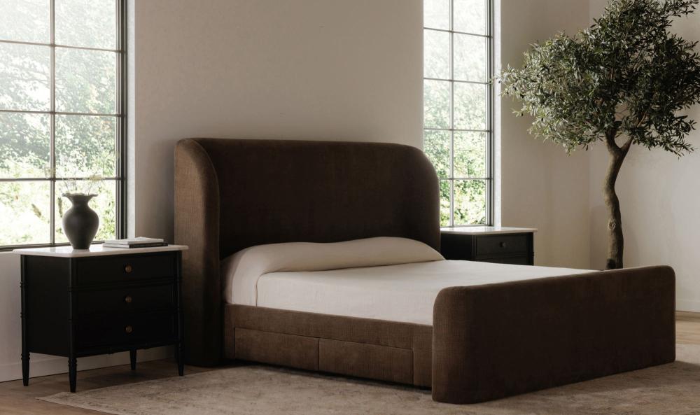 Fully Upholstered Brown Wingback Queen Bed Frame with Storage Drawers