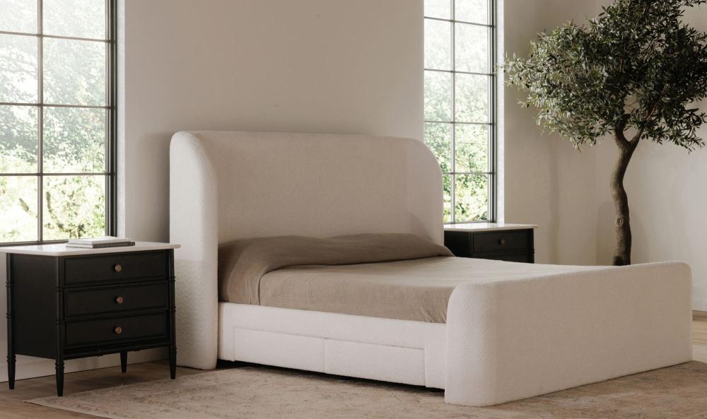 Fully Upholstered Cream Wingback King Bed Frame with Storage Drawers
