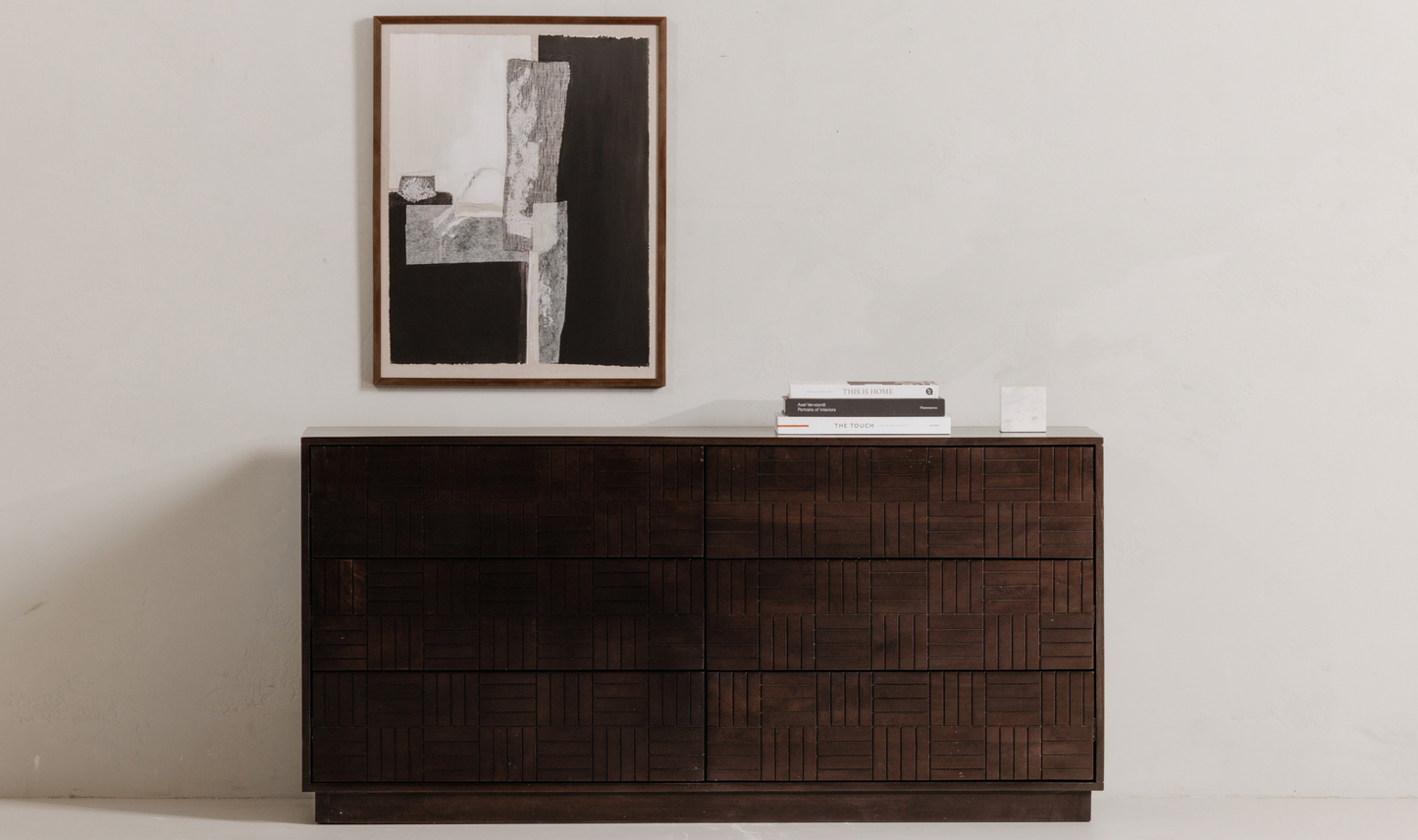 Geometric Dark Brown Mango Wood 6 Drawer Double Dresser 61 inch