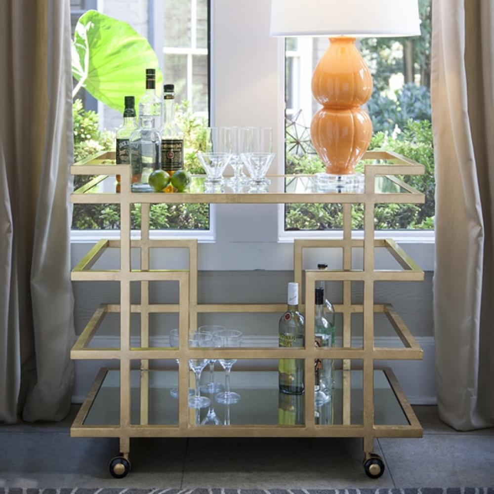 Gold Leaf Rectangle Bar Cart with Mirror Shelves & Casters