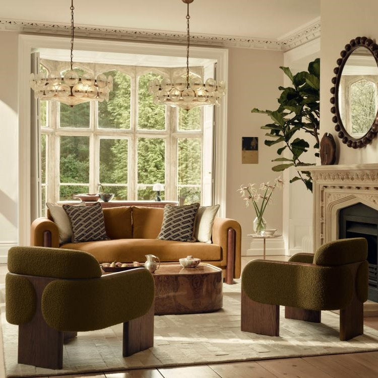 Green Textured Wool Boucle Fabric Curved Back Oak Wood Accent Lounge Chair