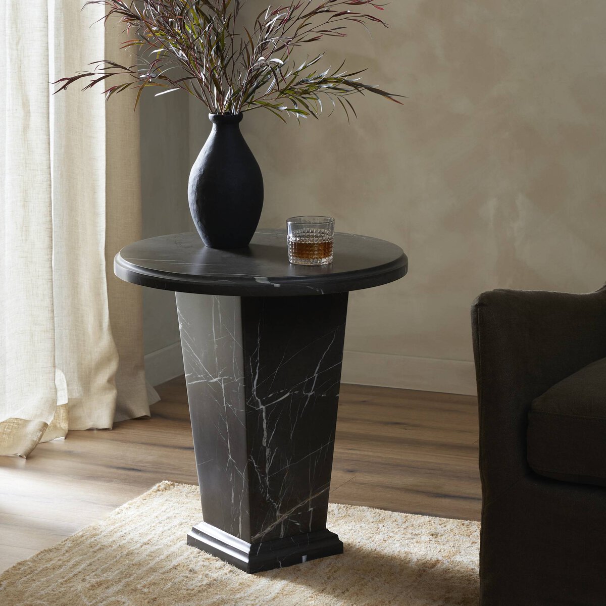 Grey Italian Marble Round Pedestal Accent Table 22 inch