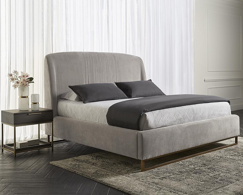 Grey Performance Fabric Upholstered King Platform Bed Frame Brass Legs