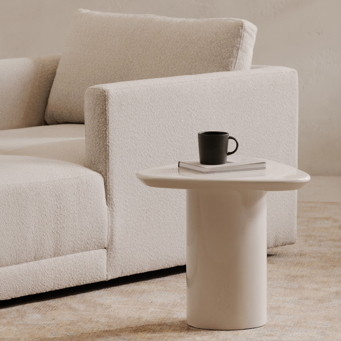 High Gloss Ivory White Lacquer Rounded Triangular Pedestal Base Accent Table 19 inch