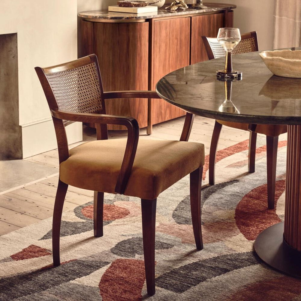 Italian Curved Cane Back Dining Chairs Beech Wood with Mustard Velvet Linen