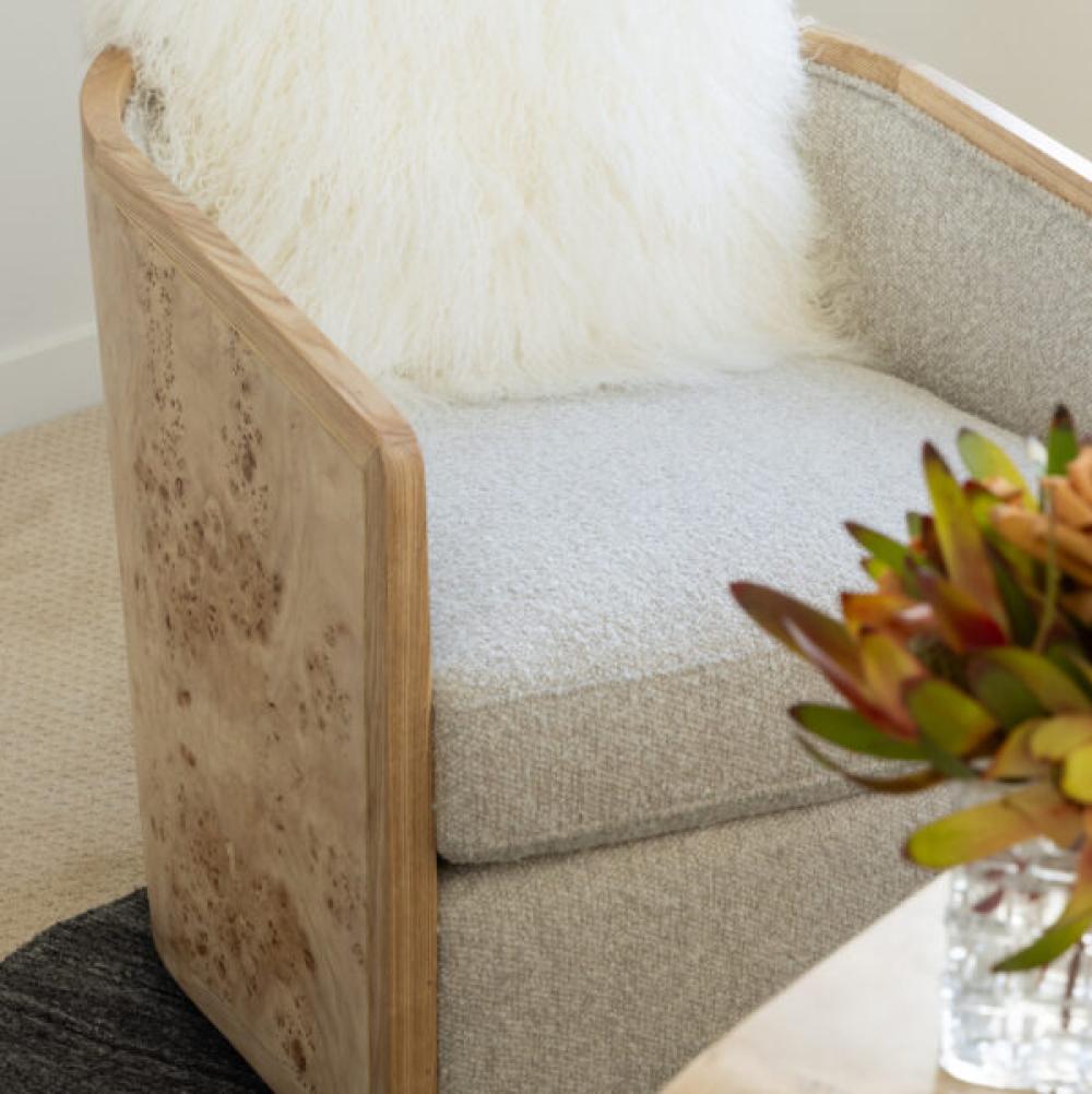 Light Brown Burl Wood & Neutral Performance Fabric Swivel Chair