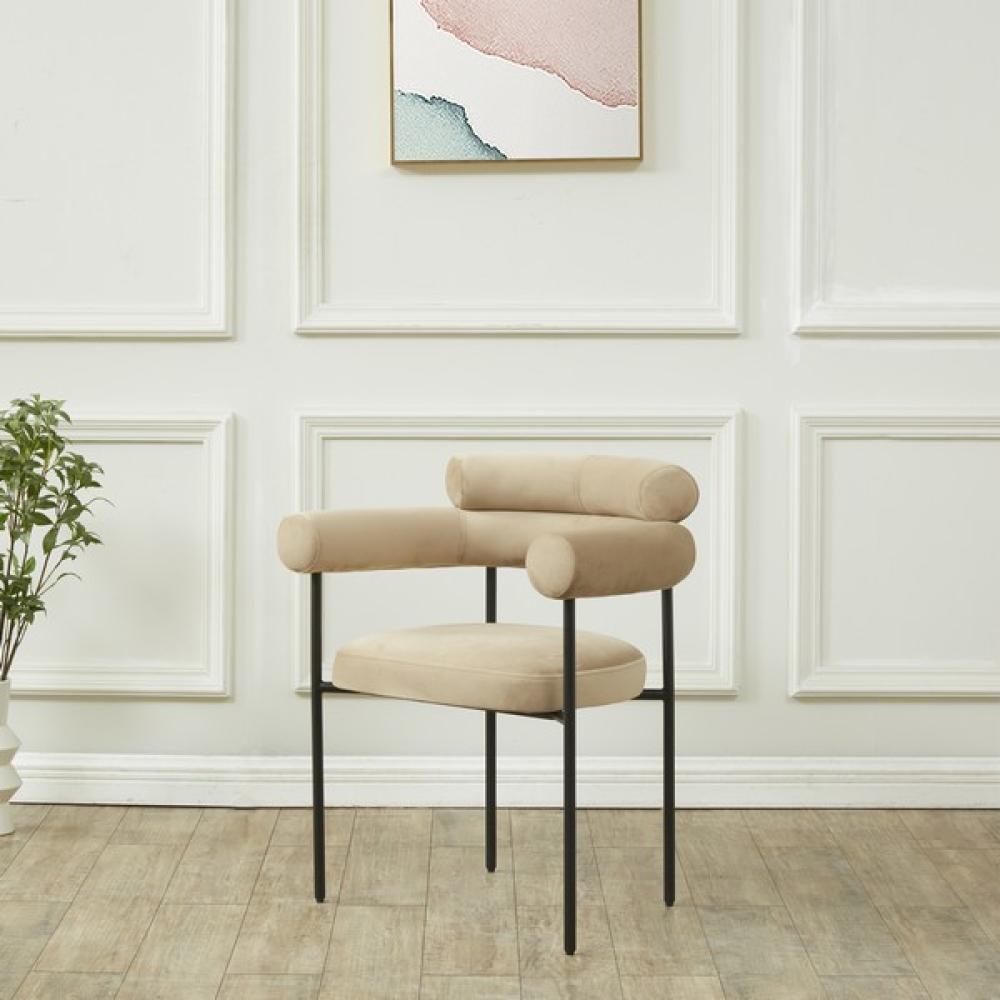 Light Brown Velvet Curved Bolster Back Dining Chair Armchair Black Metal Frame