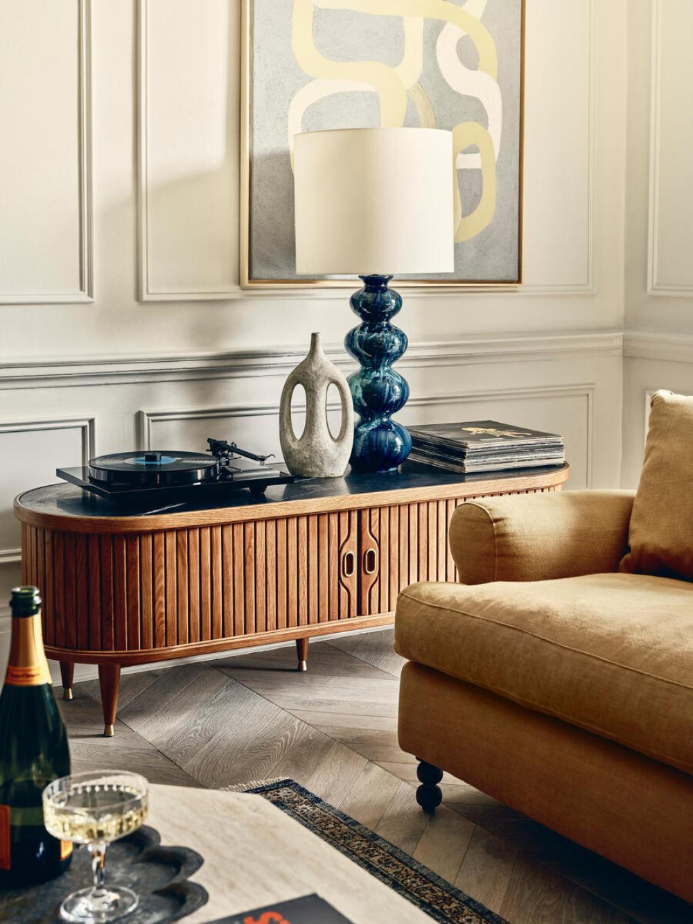 Low Profile Black Marble & Reeded Solid Oak Wood Rounded Media Console Storage Cabinet 59 inch