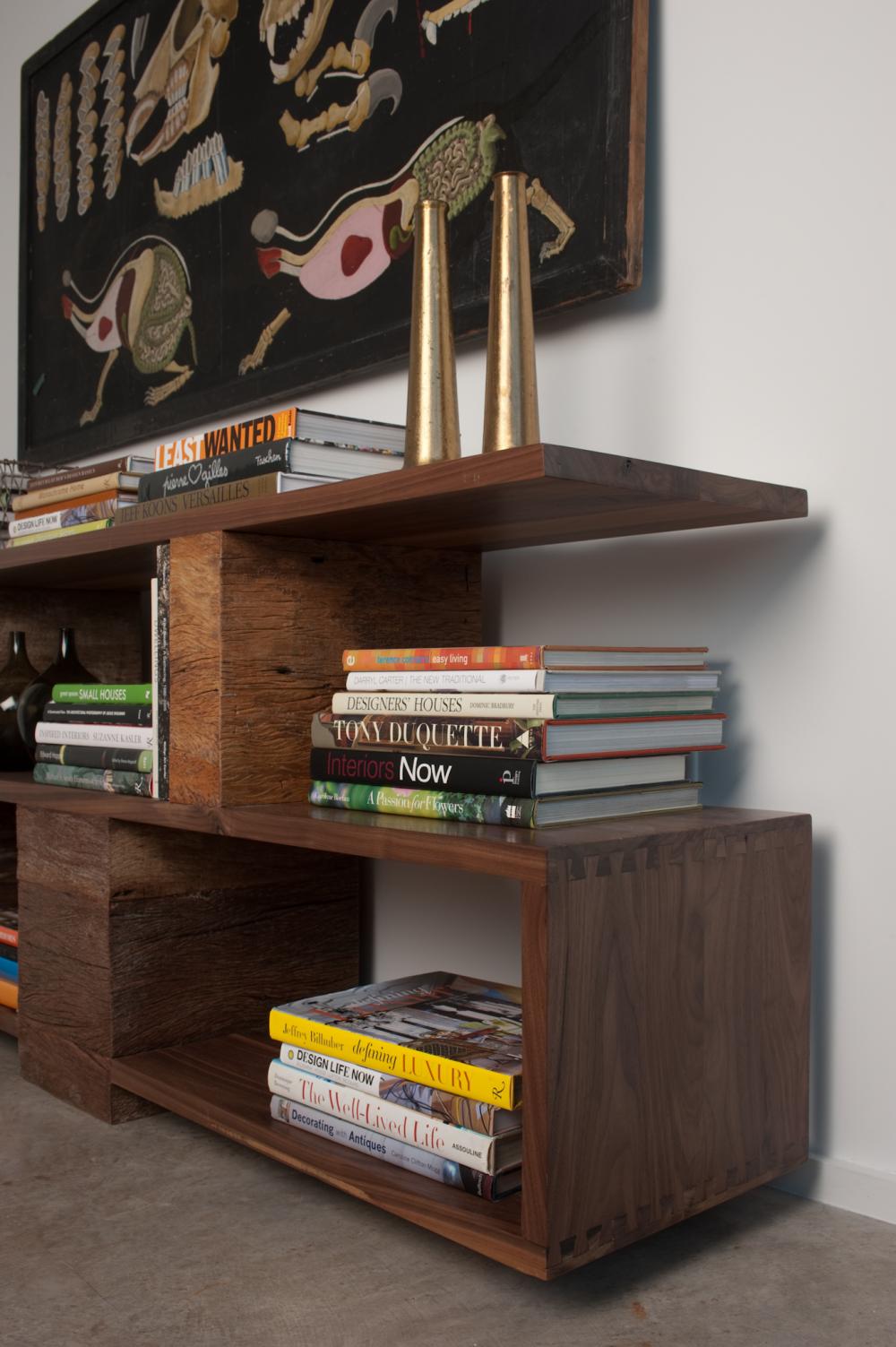 Mid-Century Solid Walnut & Reclaimed Peroba Wood Open Storage Console Table 79 inch