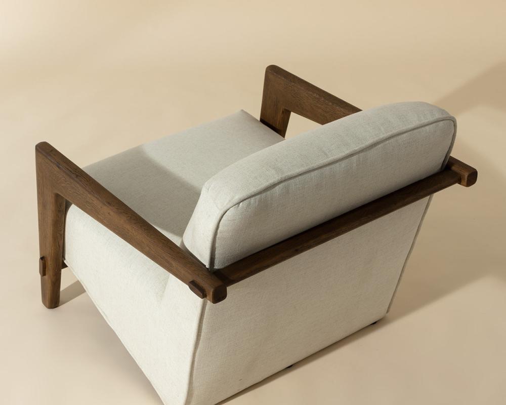 Mid-Century Style Linen Performance Fabric & Brown Oak Wood Frame Lounge Chair