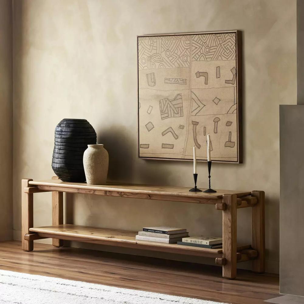 Minimalist Low Console Table Natural Reclaimed French Oak Wood 87 inch