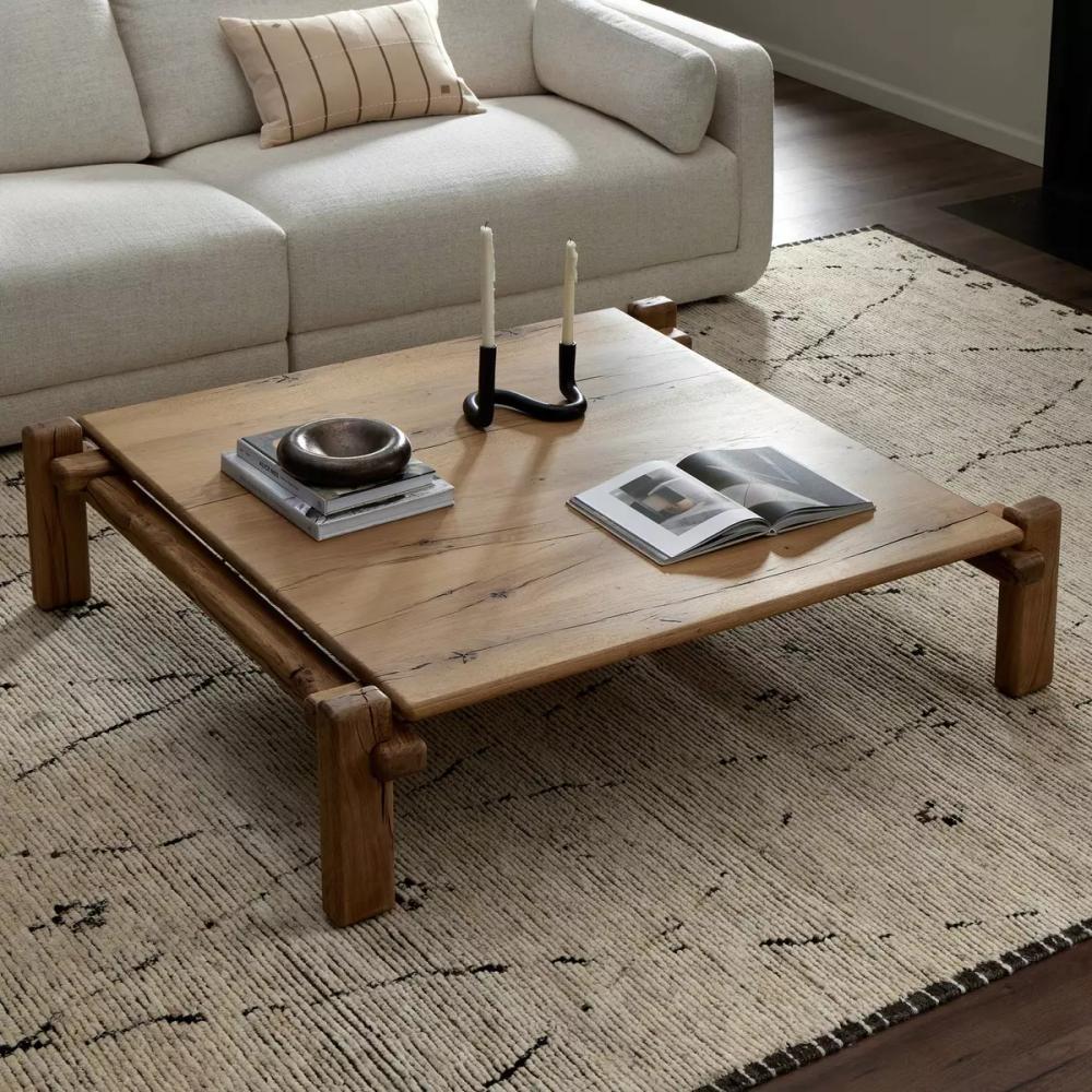 Minimalist Low Profile Square Coffee Table Natural Reclaimed French Oak 54 inch