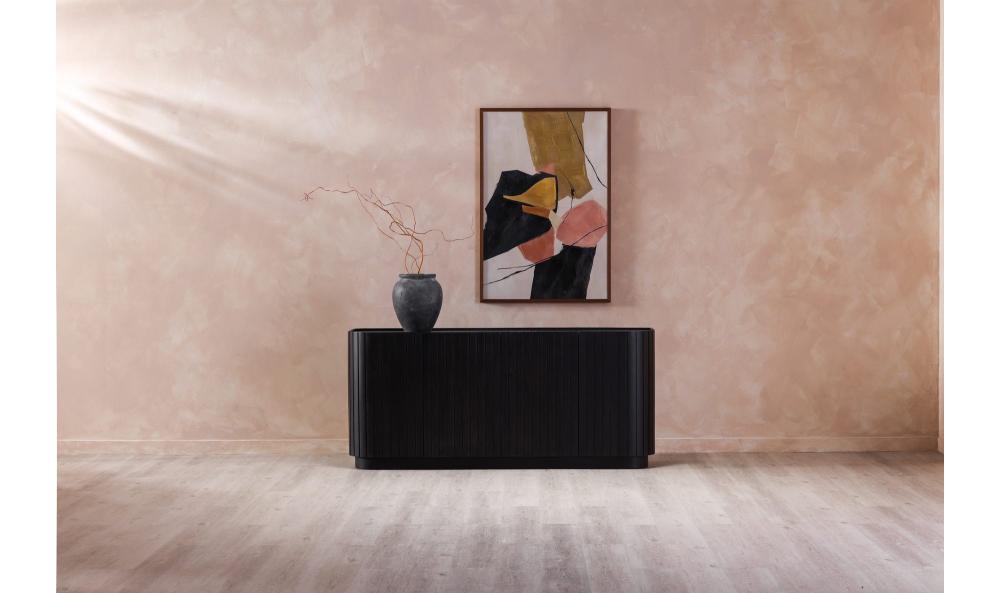 Modern Black Curved & Ribbed 4 Door Acacia Wood Sideboard 72 inch