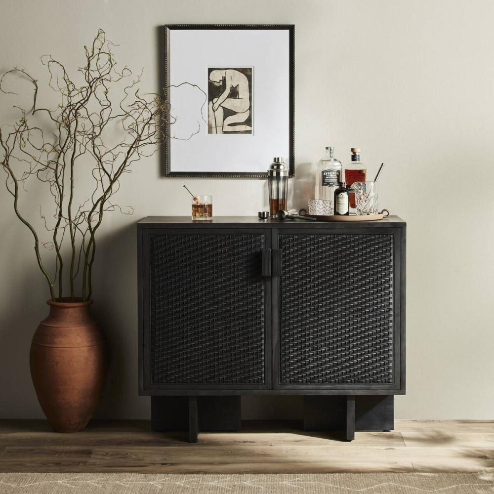 Modern Black Woven Cane & Solid Pine Wood Home Bar Cabinet 40 inch