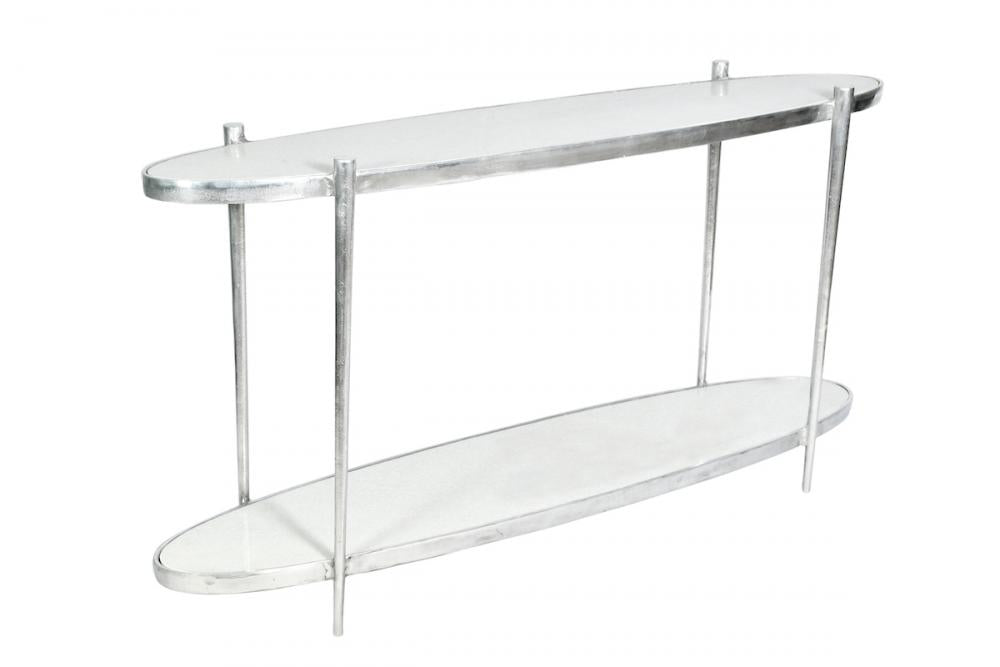 Modern Oval Console Table White Cloud Marble Top Antique Nickel Base 60 inch