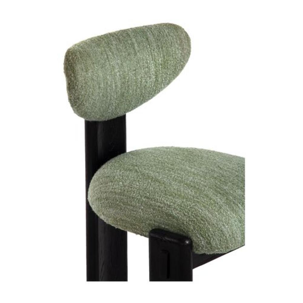 Modern Three Leg Armless Dining Chair FSC Solid Oak Black Finish Green Fabric